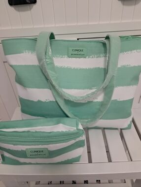 DRAWBERTSON for Clinique Mint Stripe Tote with Matching Pouch
